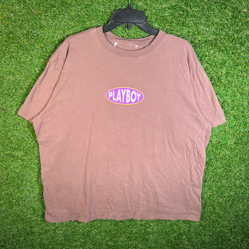 Playboy T-Shirt Mens XL Mauve Brown Logo Graphic‎ Short Sleeve Boxy Fit